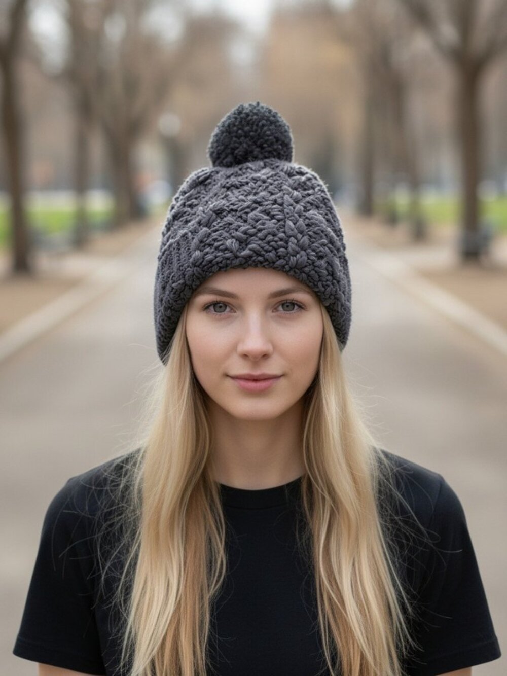Chunky Knit Pom Pom Beanie, Gray Marled, OS